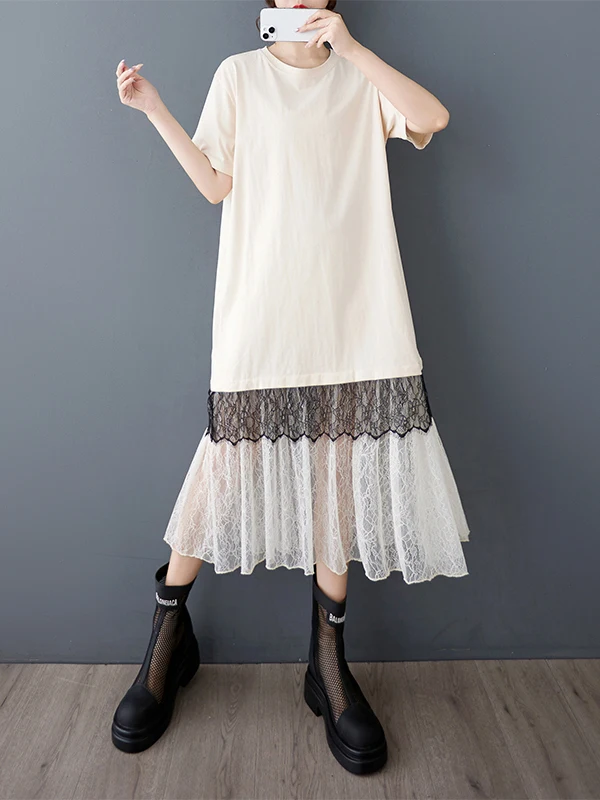 Tannt femmes robe dentelle maille Patchwork mode t-shirt robes pour femmes 2025 nouvel été ample longues robes décontractées couleur correspondant
