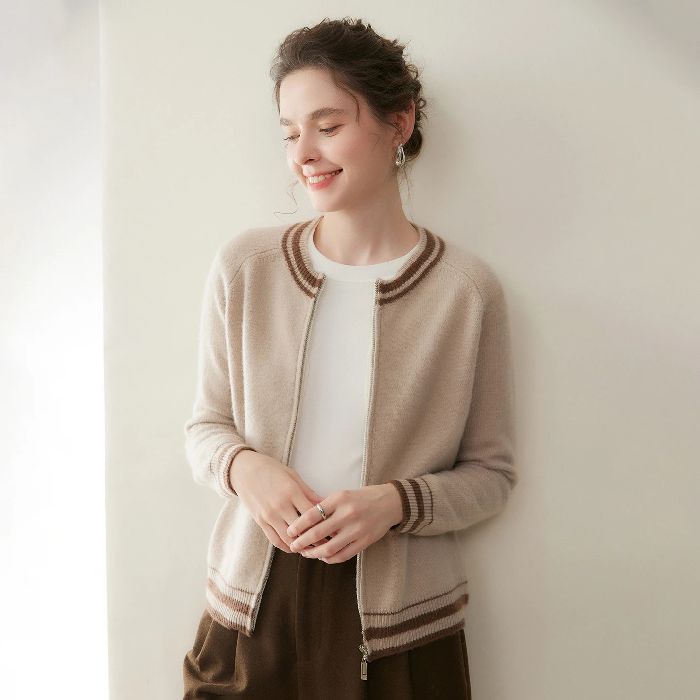 Mens Knit Cashmere Sweater Thickened Merino Wool Round Neck Color Block Long Sleeve Zipper Cardigan For Women Autumn Winter