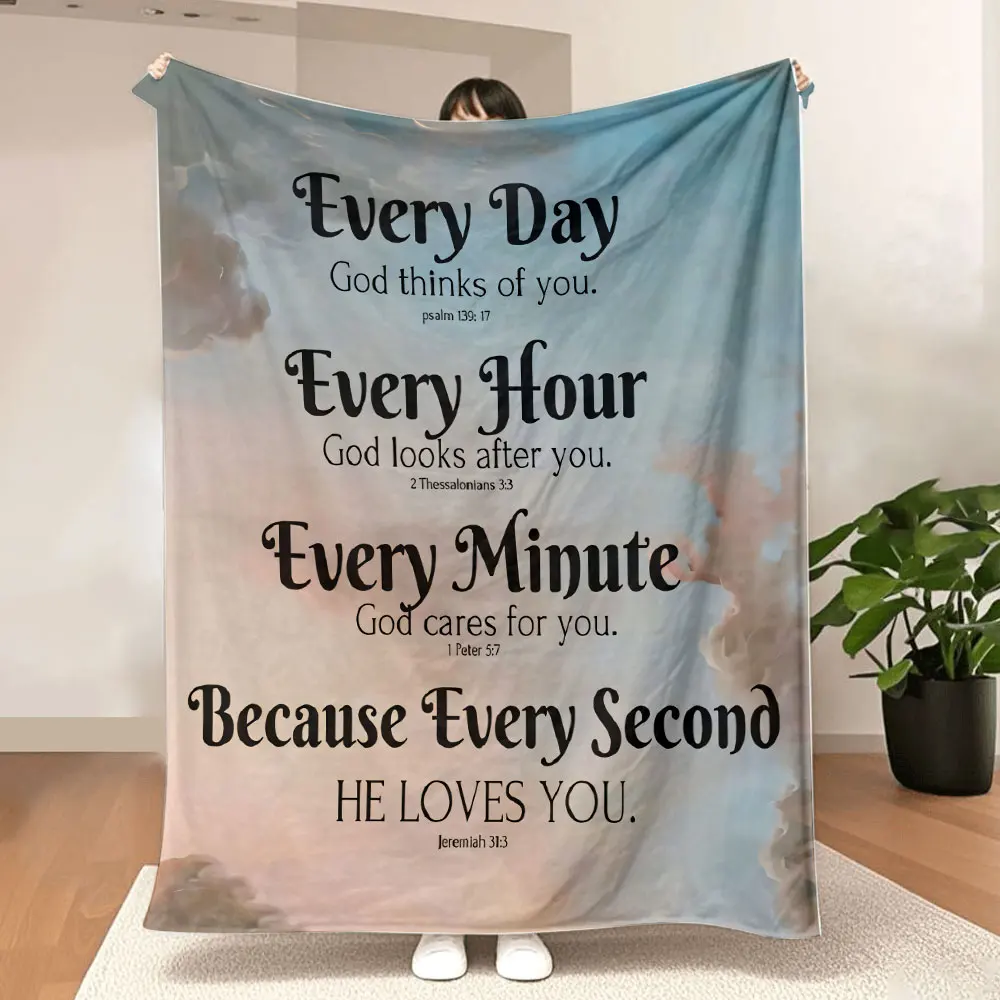 Divine Comfort Bible Verse Blanket - Soft Serene Cloudy Sky Printed Throw with 'Every Day God Thinks of You' & Scripture Referen