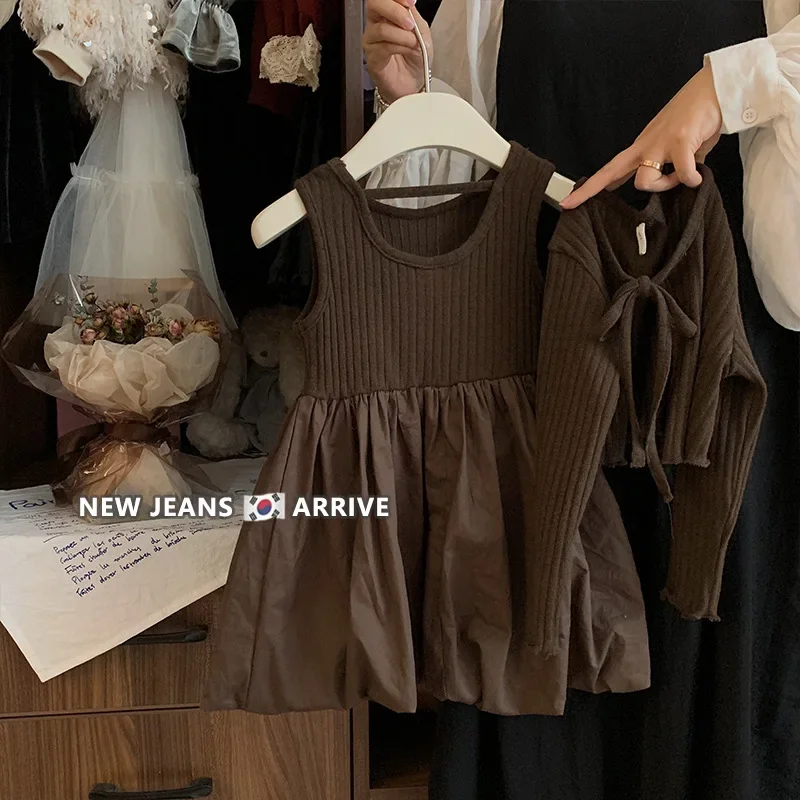 Vestido de retales y abrigo de punto para niñas pequeñas, conjunto de 2 piezas, vestido de princesa marrón de alta calidad, 2023