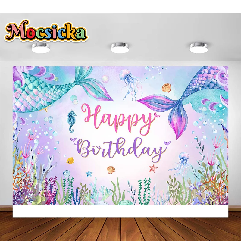 Mocsicka Zeemeermin Prinses Achtergronden Fotografie Baby Meisje Verjaardag Glitters Zeemeermin Staart Photocall Zeebodem Shell Achtergronden
