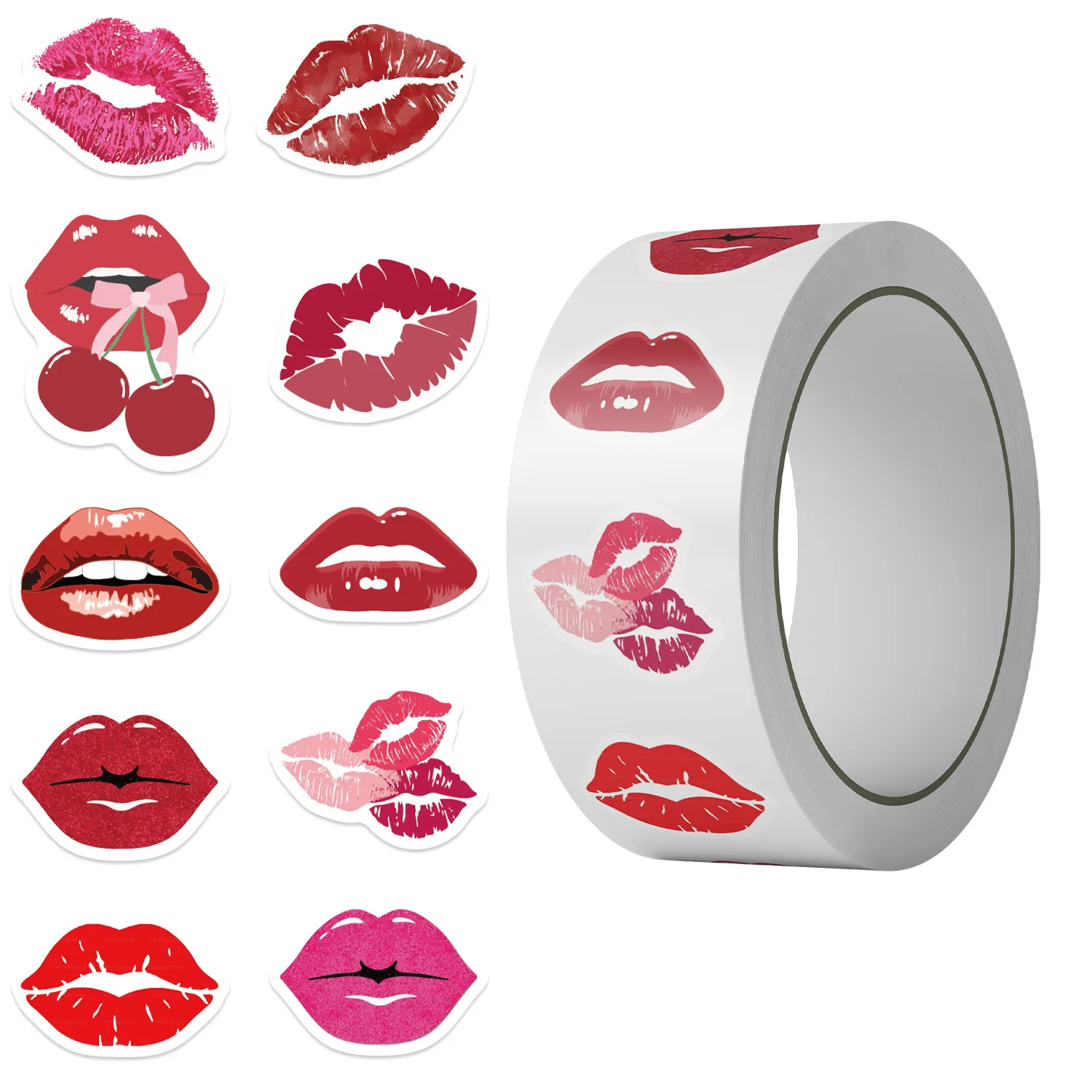500Pcs Red Lips Stickers Roll, 10 Designs Lip Kiss Print Decals, Cute Cherry Bomb Makeup Stickers for Diary Scrapbooking Gifts