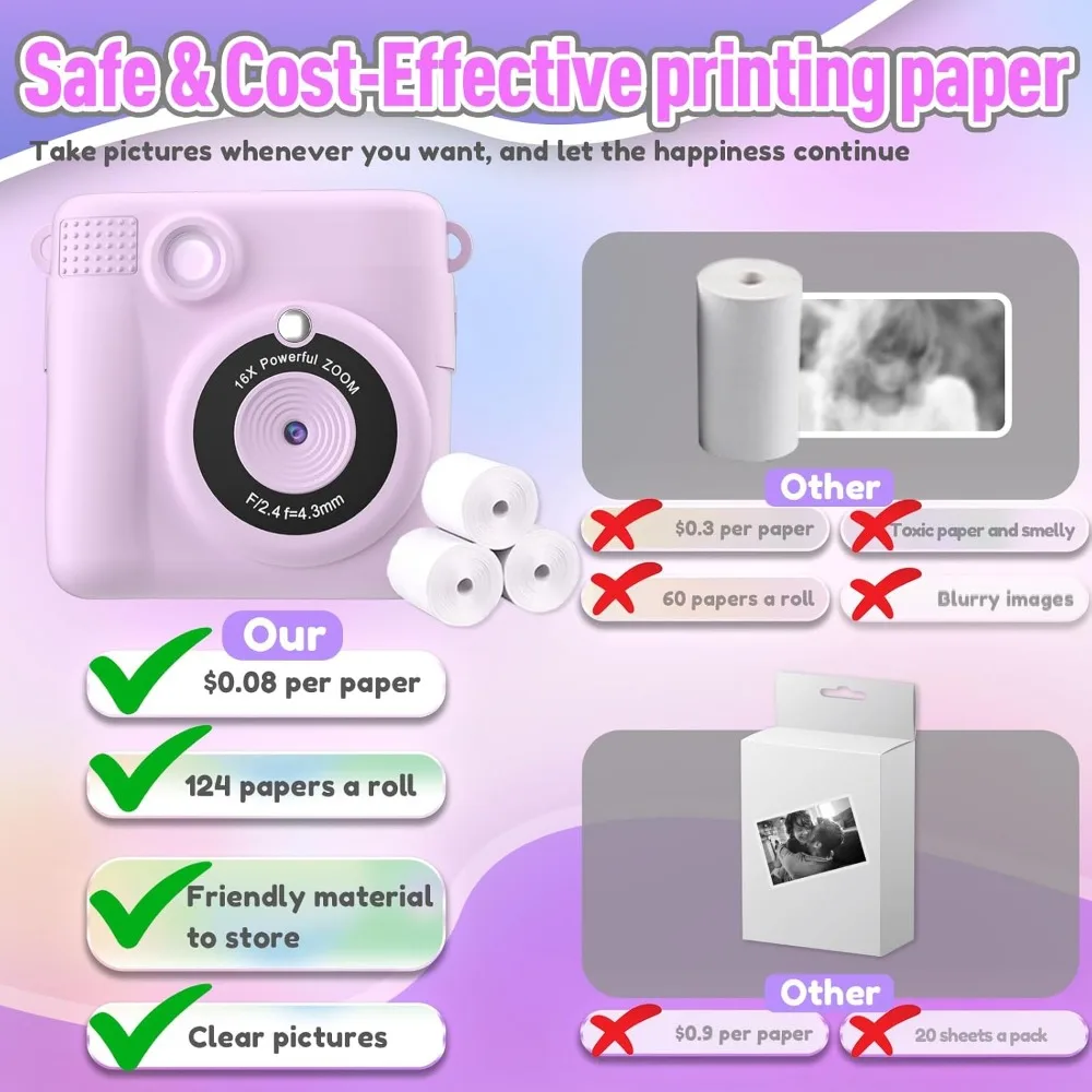 Portable Instant Print Camera for Kids with 1080P Video - Perfect Christmas & Birthday Gifts for Girls and Boys - Purple - Image 5