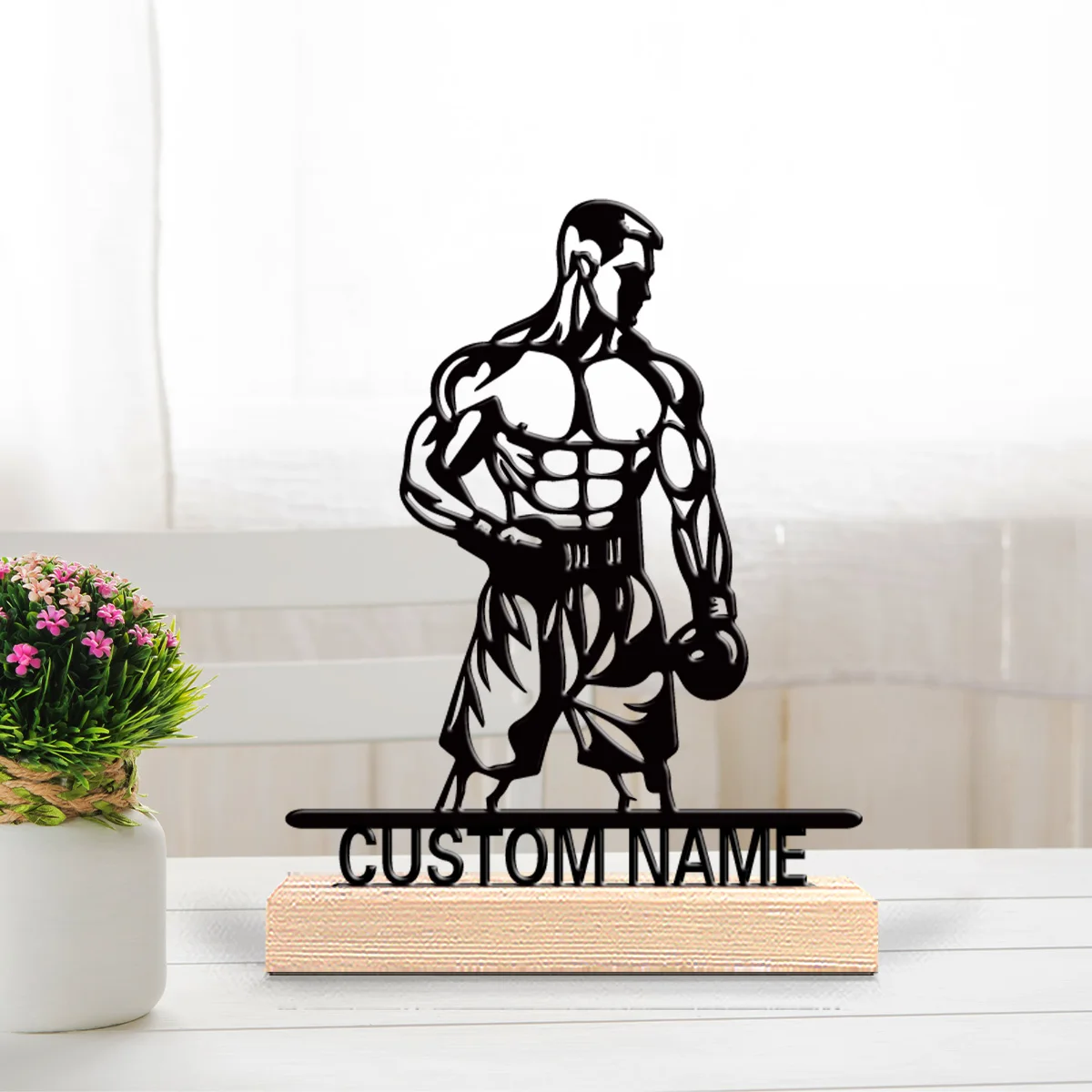 1pc Creative Muscle Warrior Personalized Letter Metal Statue Handicraft With Wood Base With Wood Base For Bedroom Desk Decor
