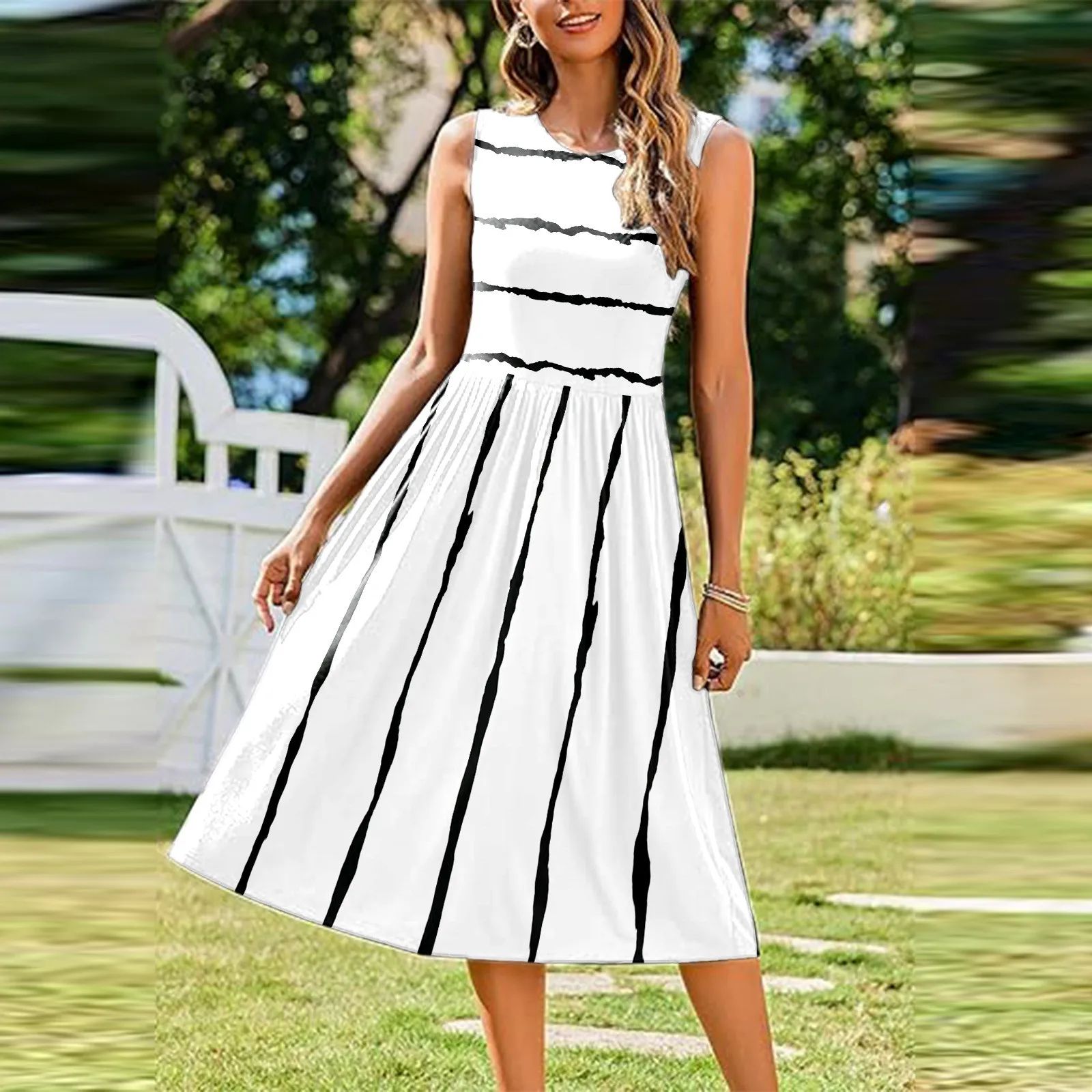 

Women's Sleeveless Striped Midi Dress Casual Summer Round Neck Swing Dress With Pocket Clubwear Party Dress Beach Outfits
