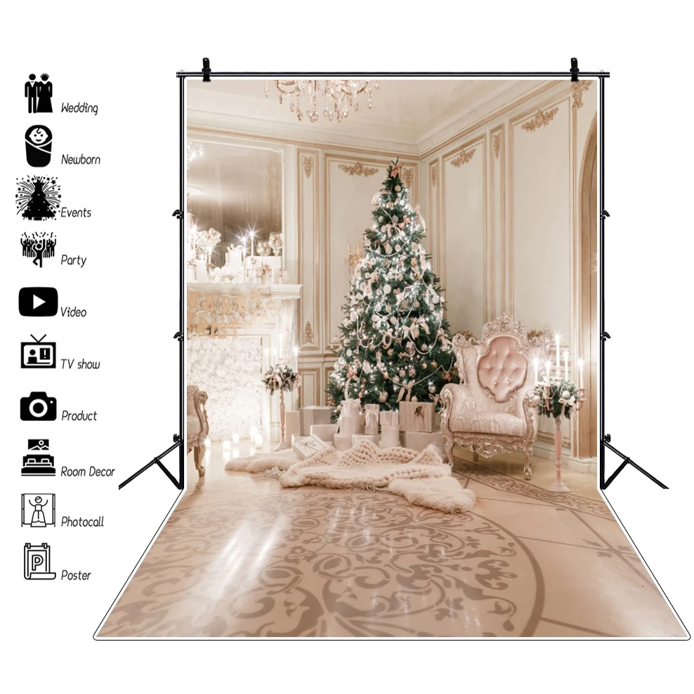 Dark Gold Royal Luxury Merry Christmas Festivals Fireplace Candle Floor Armchair Interior Photo Backdrop Photography Background