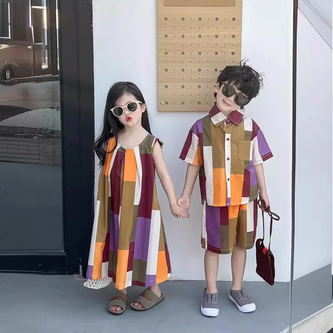 2025 Summer Brother and Sister Clothing Girls Loose Irregular Colorful Grid Tank Top Dress Boys Shirt Shorts Set