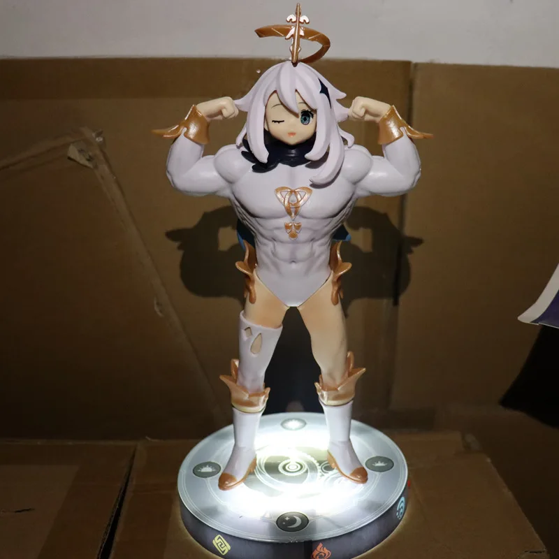 

23cm New Anime Genshin Impact Muscle Paimon Figure Game Cute Strong Fitness Standing Paimon With light Base Model Doll Holiday