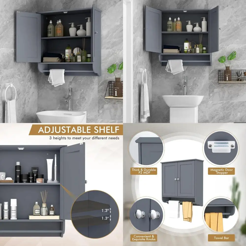 

Gray Wall-Mounted Medicine Cabinet with Bar, Double Doors, and Adjustable Shelf for Bathroom, Laundry, and Kitchen Storage