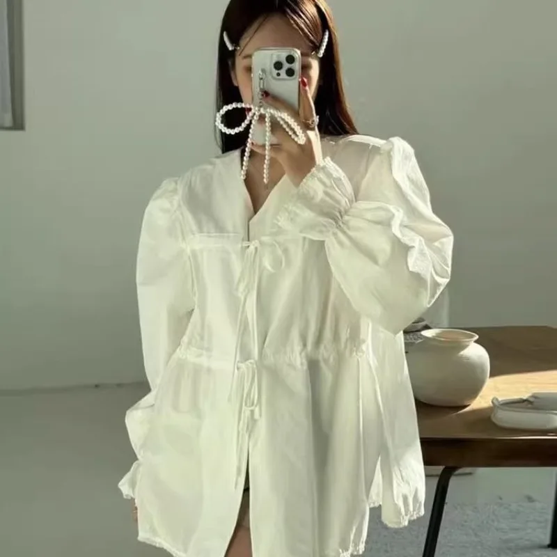 

Korean Chic Patchwork Lace Up Blouses Y2k Loose Long Sleeve All-match Shirt Women 2025 Early Autumn New Mid-length Blusas Mujer