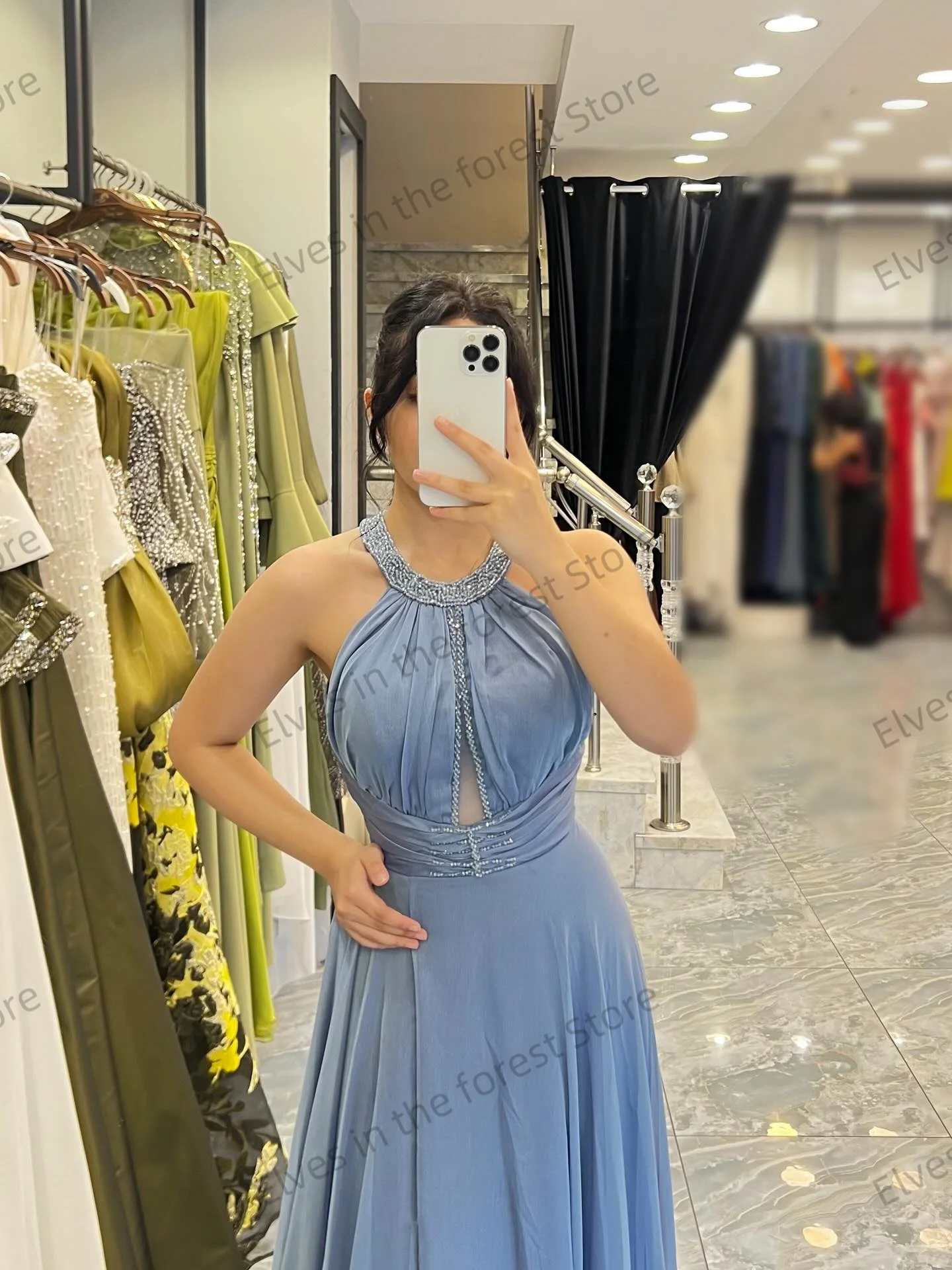 Uma linha o pescoço vestidos de baile mangas azuis frisado vestidos de noite para formal chiffon até o chão roupões de festa de casamento personalizados