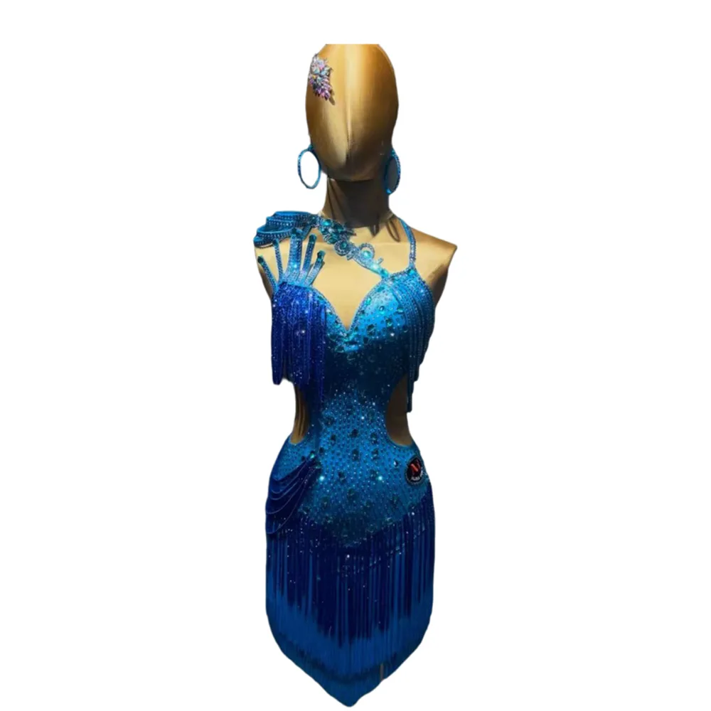 Dança latina adulto crianças vestido ab pedra high-end onda personalizada luz lago azul cheio de diamante vestido cha tango roupas femininas