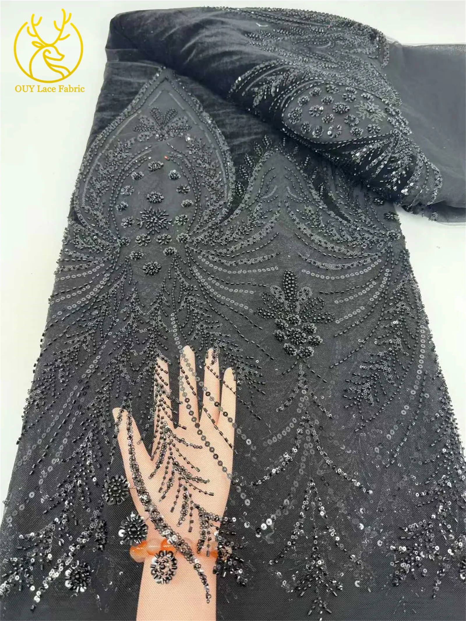 Luxuriöser afrikanischer Samt mit Perlen und Pailletten, Spitzenstoff, 2026, grüner Bräutigam-Stickstoff, französisches Damen-Party-Abendkleid – Detail 16