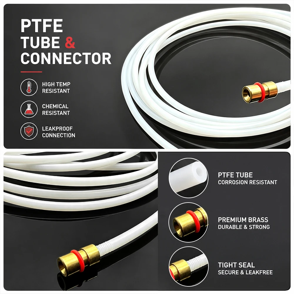 PTFE Tube White ID1.3mmxOD4.5mm 3.5M with Connector Insulated Hose Rigid Pipe Temperature Corrosion Resistance