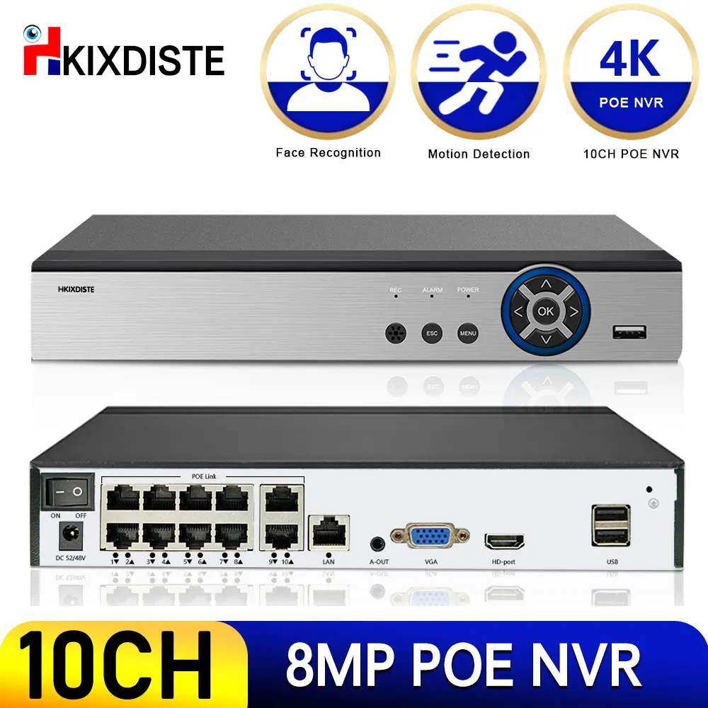 

10CH 8 Channel CCTV POE NVR Security System Smart Ai 4K Face/Motion Detection RJ45 Network Surveillance Video Recorder P2P 8MP