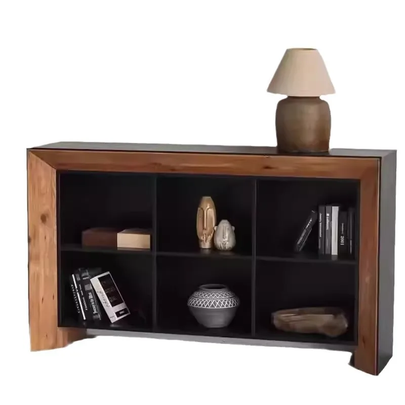 

Medieval black solid wood dining side cabinet retro and old visual six-grid shelf