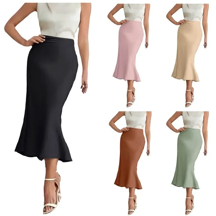 

Women's Satin Skirt with Shiny Surface Slimming Imitation Silk High Waist Long Skirt Silky Fishtail Cocktail Pantsuit for Women