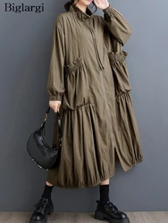 Oversized Autumn Winter Long Trench Coat Women Casual Fashion Loose Ladies Jackets Ruffle Pleated Long Sleeve Woman Trench Coats