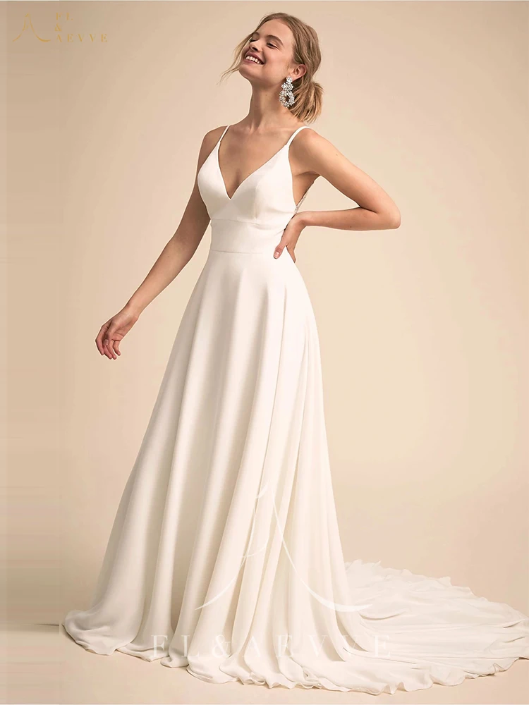 Sexy Chiffon Spaghetti Straps Wedding Dresses with Chapel Train Elegant Lace A-line Bridal Gown vestido de festa de casamento