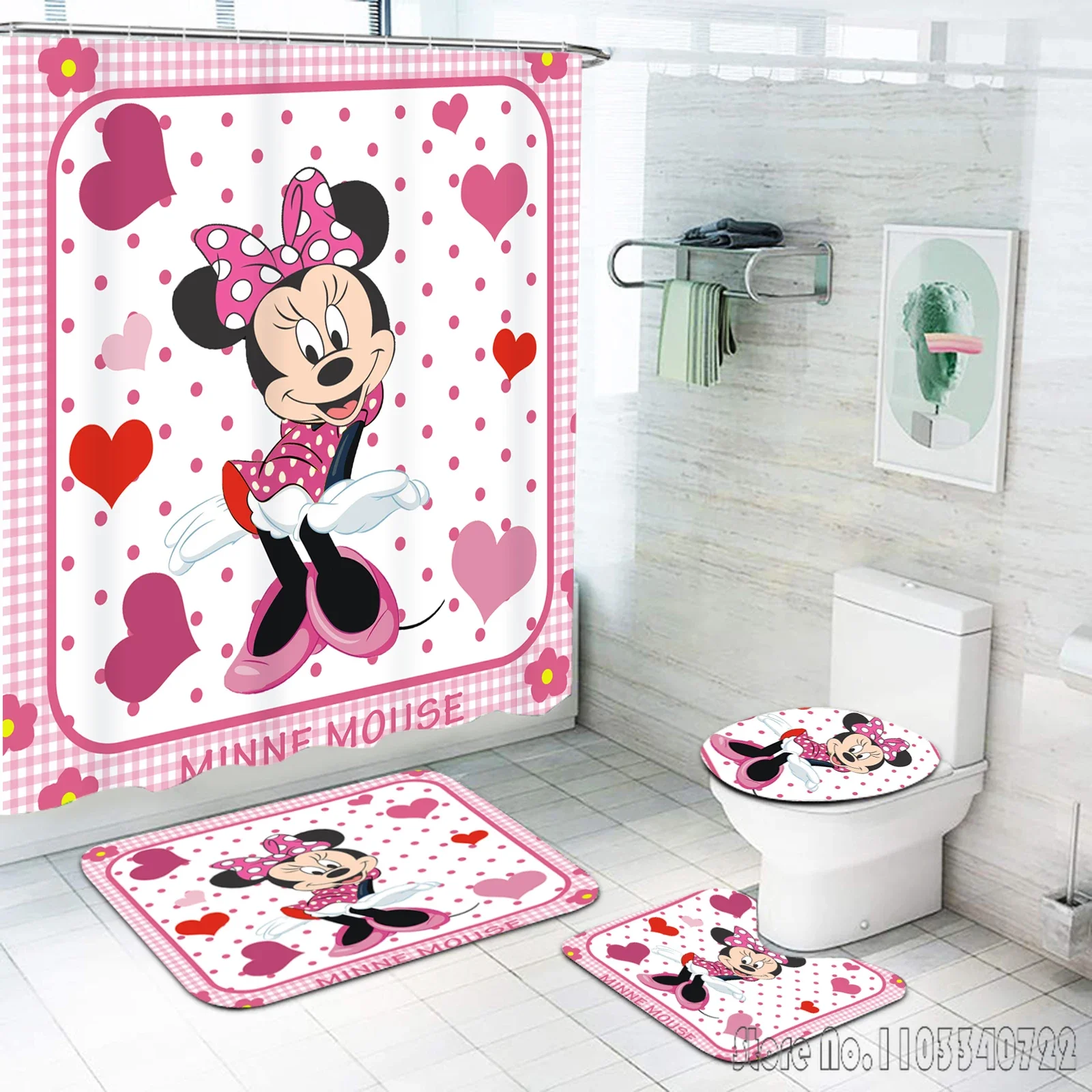 Mickey Mouse Disney Anime Bath Shower Curtain Set 4pcs with Hooks Waterproof Bathroom Toilet Mat Lid Decor