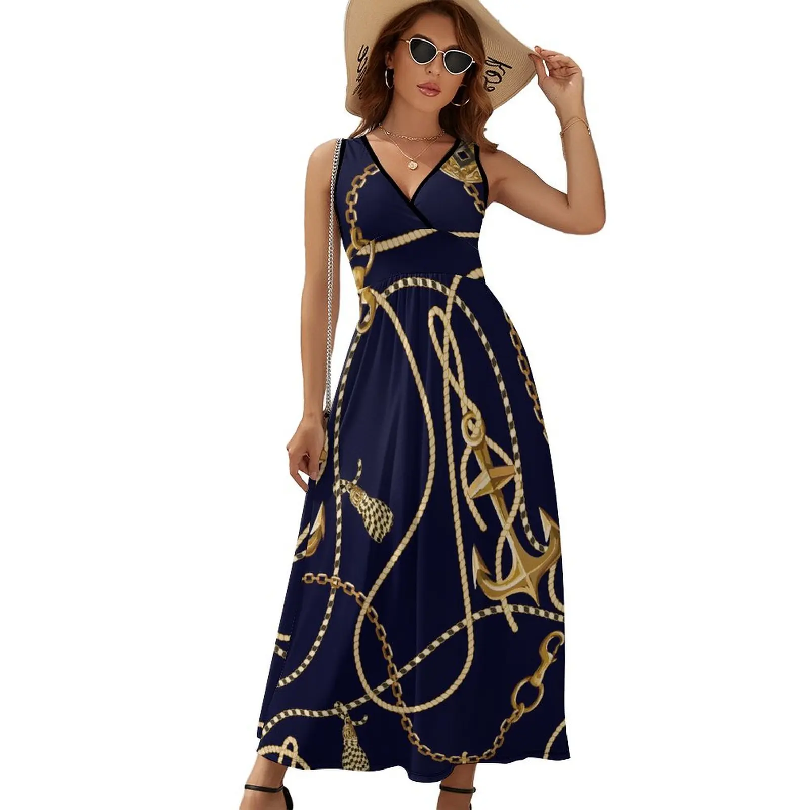 

Gold Chains Print Dress Womens Anchor Club Maxi Dress V Neck Sleeveless Street Wear Graphic Boho Beach Long Dresses