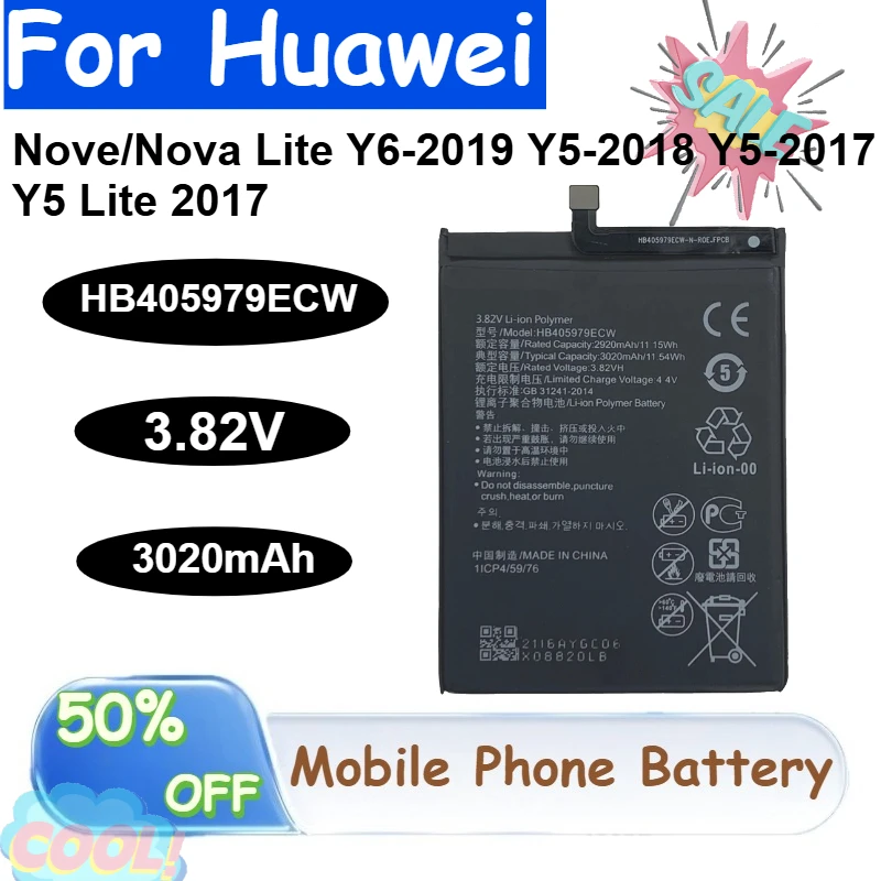 

HB405979ECW 3.82V 3020mAh Li-ion Polymer Phone Battery with Tools for Huawei Nove/Nova Lite Y6-2019 Y5-2018 Y5-2017 Y5 Lite 2017