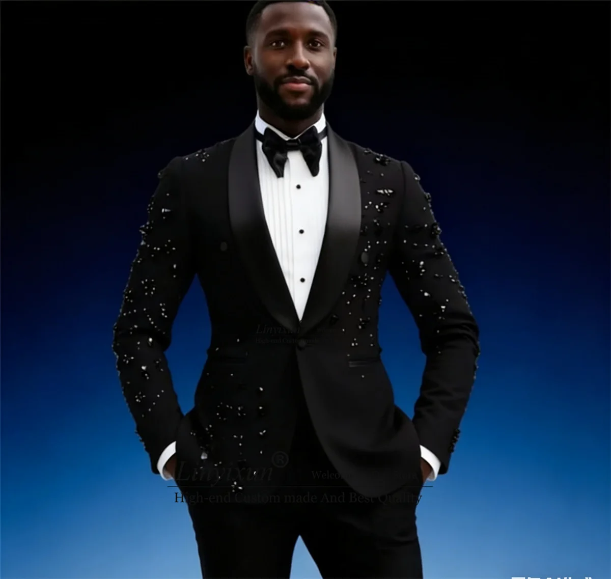 

High End Gem Diamond Men Suits 2 Pieces Sets Wedding Party trajes para hombre Customized Shawl Lapel Slim Groom Party Blazer
