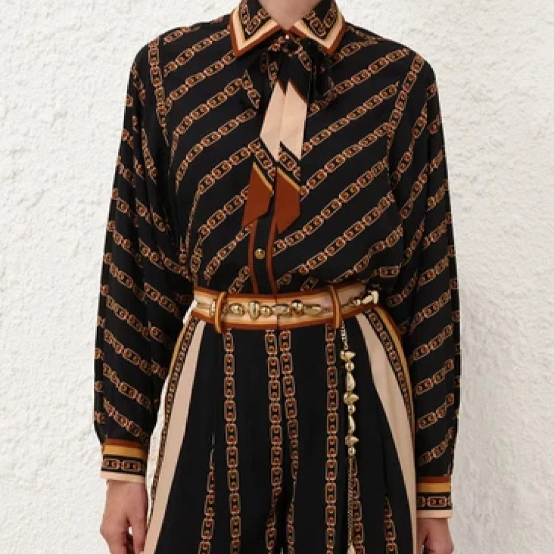 

beige black 2025 High Quality chain print long sleeve lapel blouse tops and chain print pants set