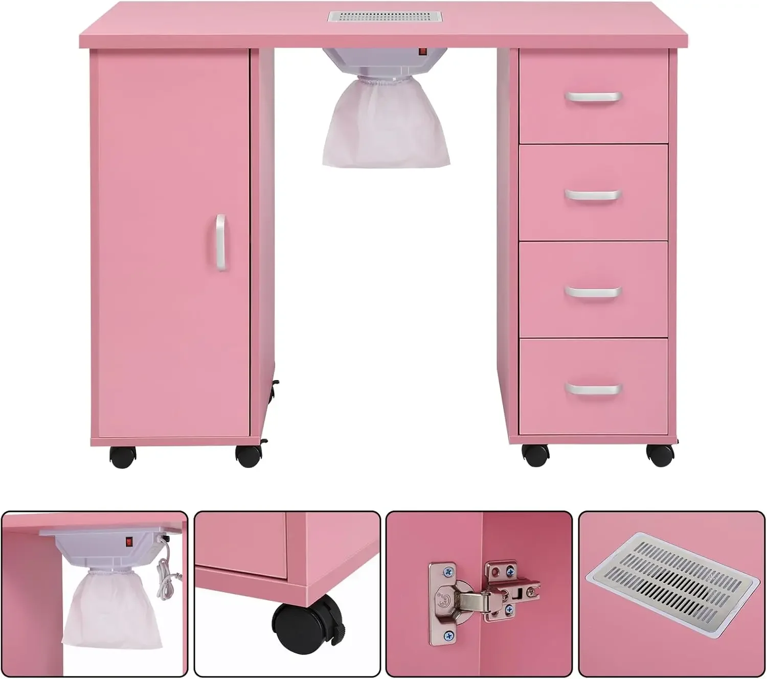 Manicure Nail Table Station, Salon Spa Nail Desk with Electric Downdraft Vent, Locking Castors, 2 Layers Storage Cabinet,