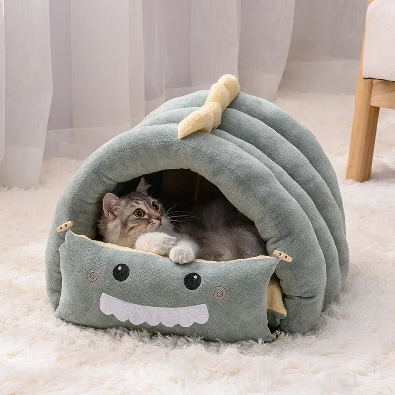 2 In1 Dinosaur Pet Dog House Foldable Cat for Small Dogs Bed Winter Warm Puppy Pads Sofa Removable Sleeping Kennel Nest Products