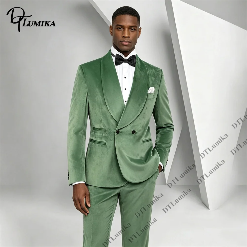 Unique Sage Green Men's 2 Piece Velvet Suit Double Breasted Shawl Lapel Tuxedo Blazer Pants Party Prom Suit Attire XXS-7XL