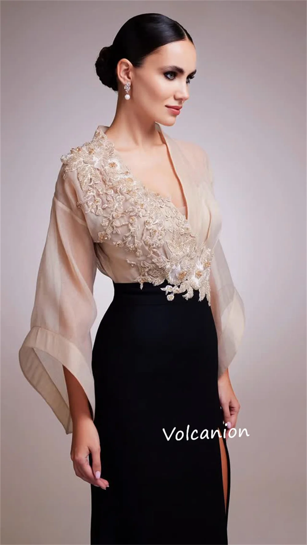 Gaun Panjang Terompet Kerah V Manik-manik Bunga Applique Jersey Kustom Acara Dipesan Lebih Dahulu Malam Formal Fashion Indah