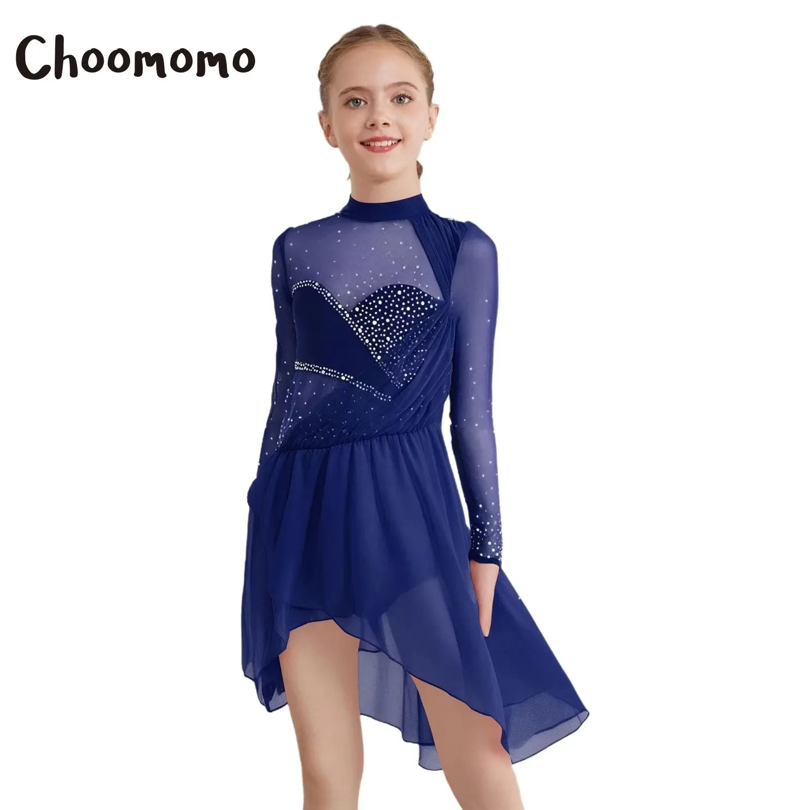 

Girls Gymnastics Figure Skating Ballet Lyrical Dance Costume Long Sleeves Sheer Mesh Rhinestones Asymmetric Split Leotard Dress