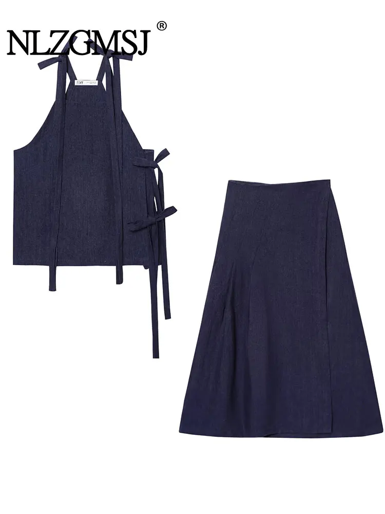 

Лето 2025 г., повседневный однотонный шикарный женский костюм с бантом, топ без рукавов и открытой спины, длинная прямая юбка, модные комплекты ﻿