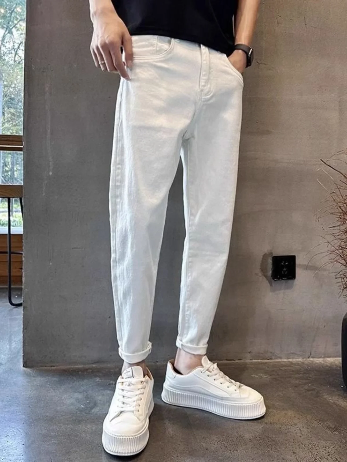 

Облегающие повседневные белые эластичные джинсовые джинсы мужские осенне-зимние новые Sle Harajuku Sle молодежные трендовые износостойкие девять очков