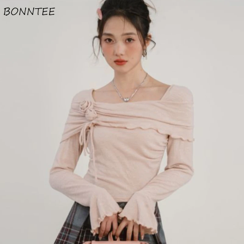 Flare Sleeve T-shirts Women Slim Knitted Crop Tops Vintage Elegant Hotsweet Fashion Simple Aesthetic Clothes Sexy Girls Autumn