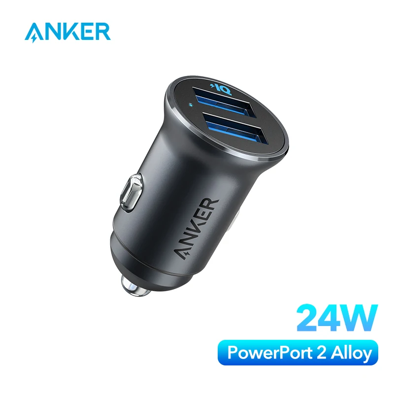 Anker Car Charger fast charger Mini 24W 4.8A Metal Dual USB PowerDrive 2 Alloy Flush Fit Car Adapter with Blue LED for iPhone 12