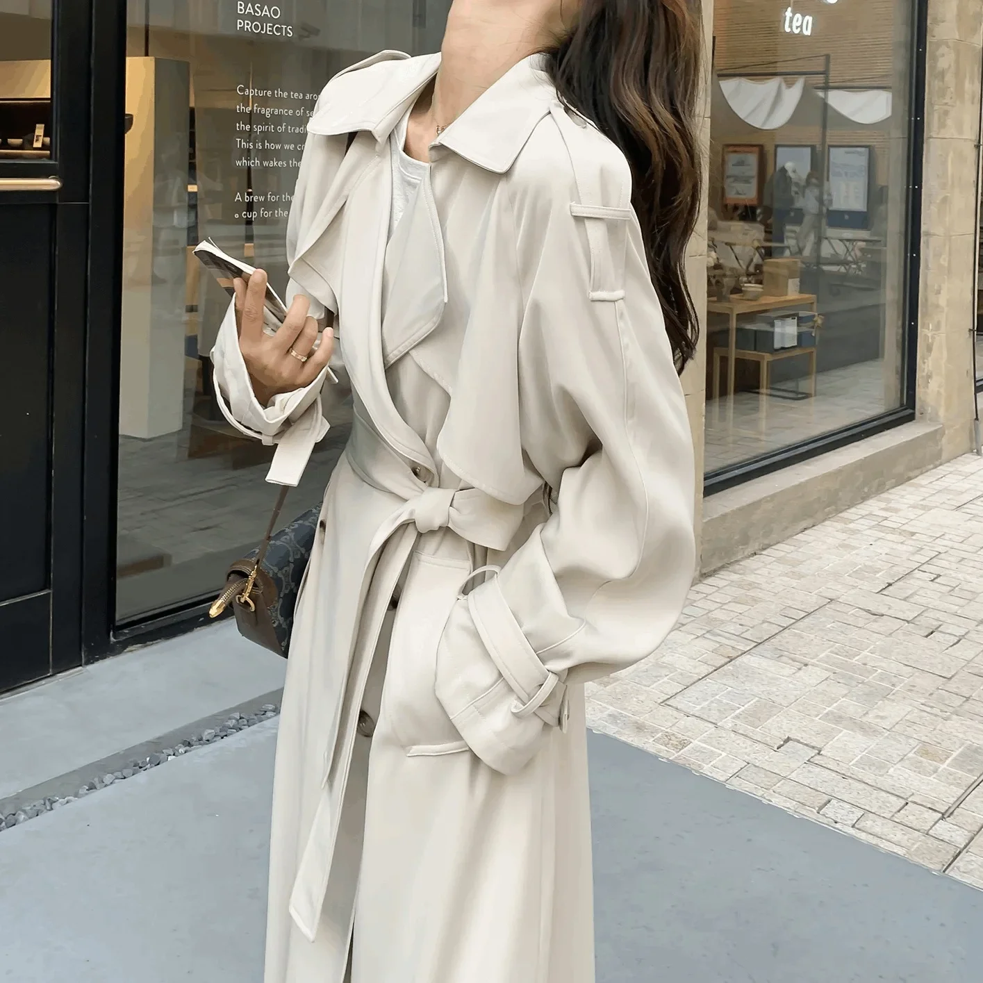 Loose Long Trench Coat In Beige Autumn 2024 Double Breasted Long Sleeve Elegant Slimming Coat Korean Style Women's Outerwear