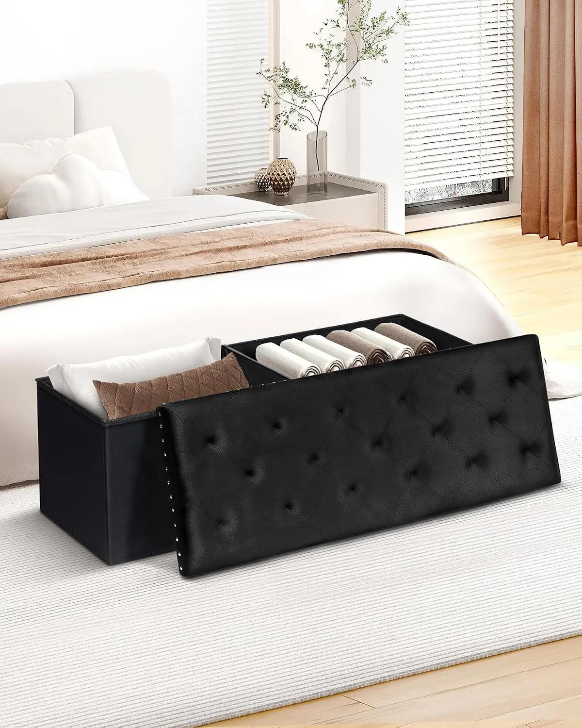 Velvet Storage Bench Ottoman Black