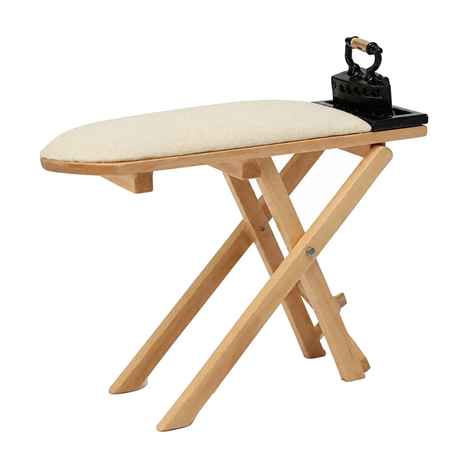 1:12 Scale Dollhouse Ironing Board Wooden Miniature Ironing Board with Metal Iron Padded Foldable for Diorama Makers