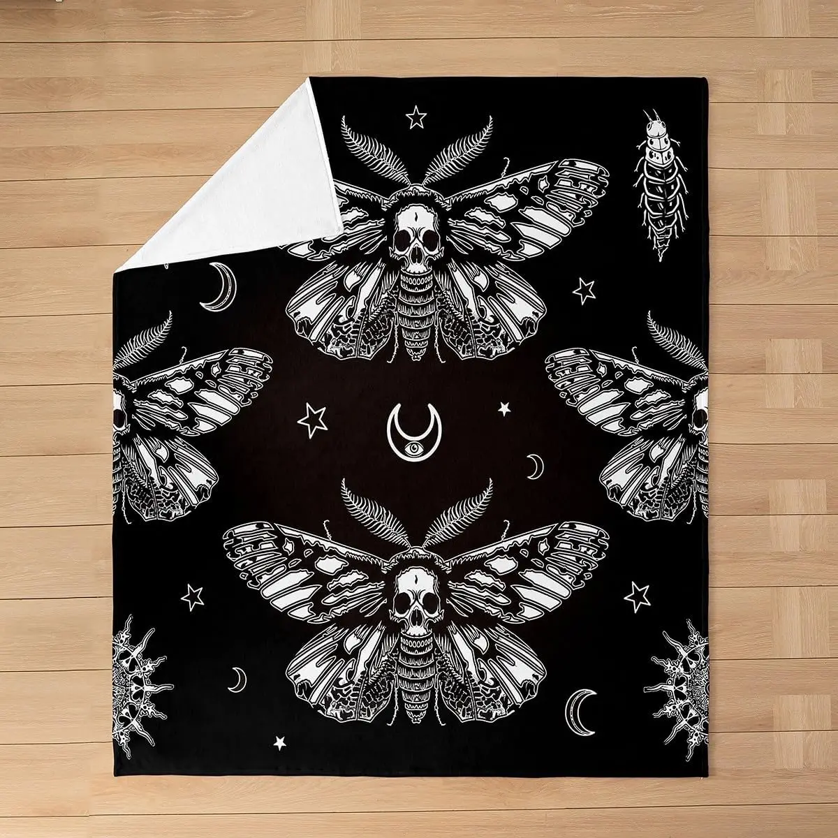 White Line Death Moth Star Moon Crescent Dark Background Flannel Throw Blanket, Warm Cozy Blanket, Mystic Decor Gift For Bedroom