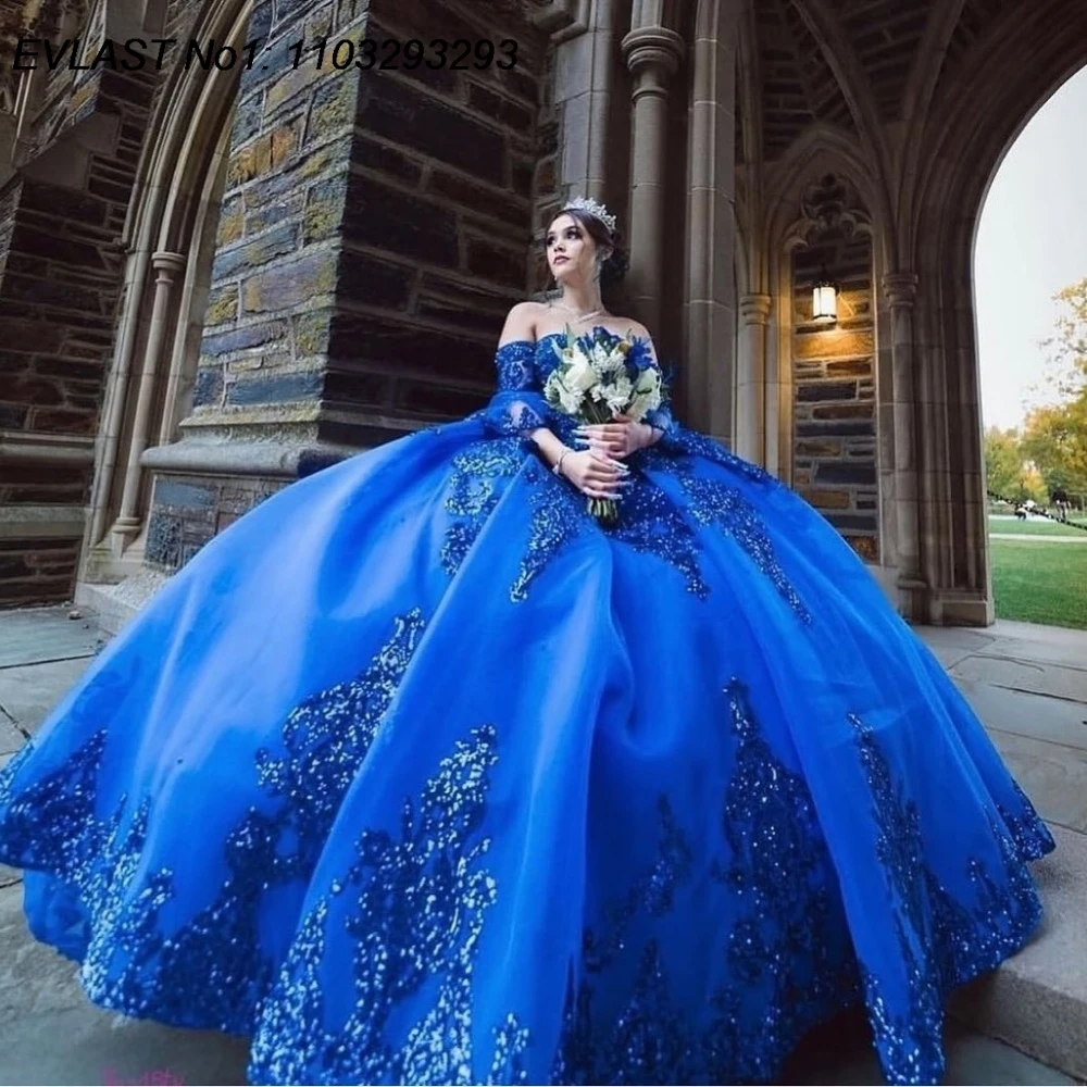 EVLAST Customized Mexican Royal Blue Quinceanera Dress Ball Gown Lace Applique Beading Tiered Sweet 16 Vestido De 15 Anos E1Q185