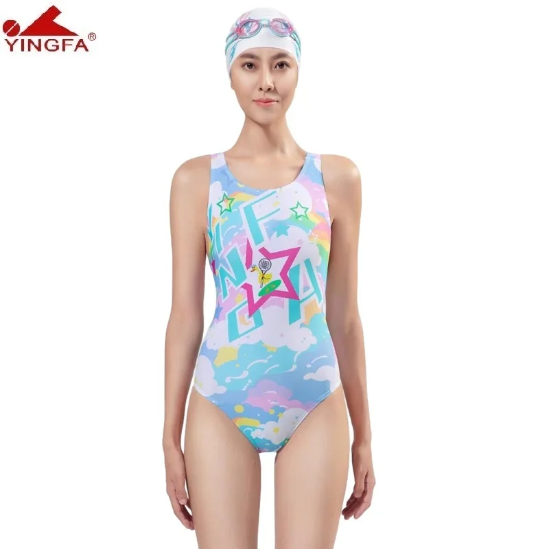 Yingfa Athletic Performance One Piece Swimsuit Cute Cartoon Print Training Swimwear
