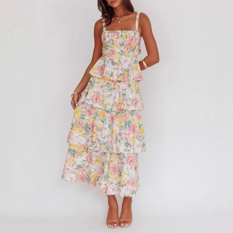 

Cake Dress Floral Printed Sleeveless Straps U Neck Tank A Line Slim Waist Strap Tierred Holiday Beach Summer Long Dress Women