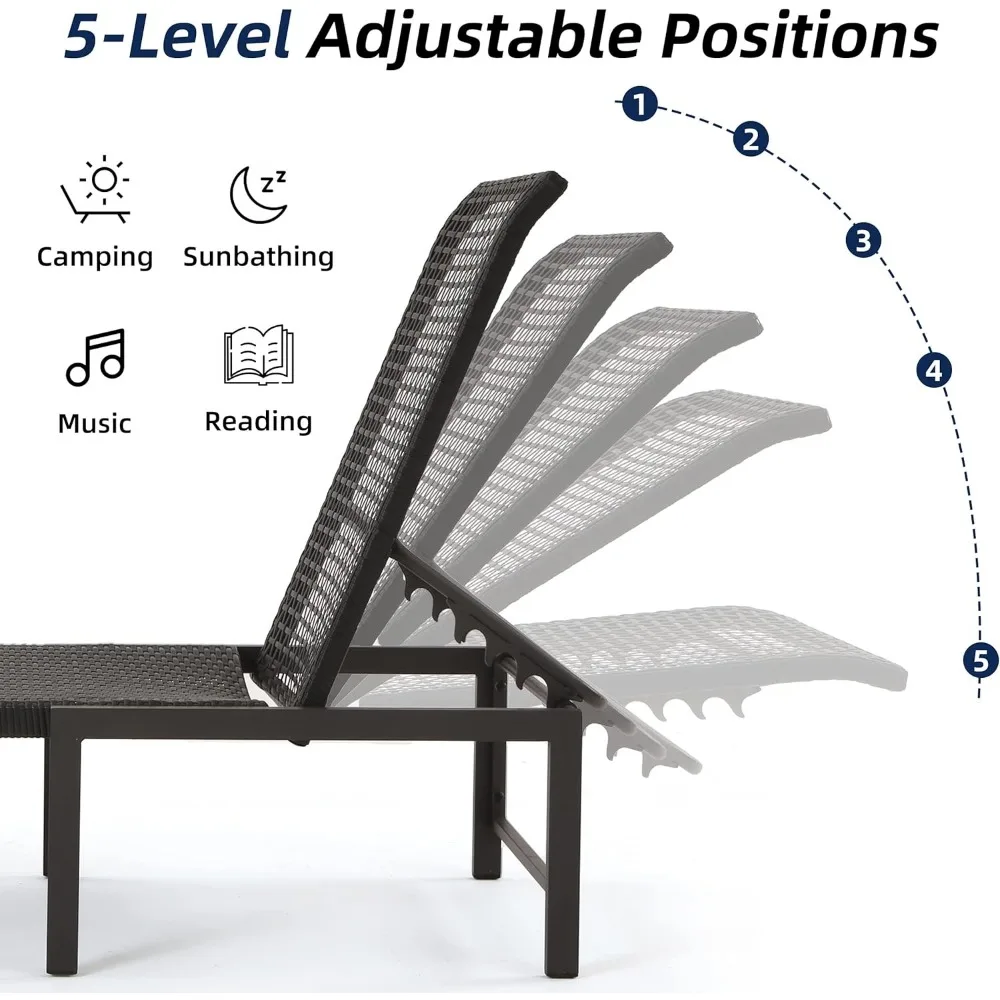 Chaise Lounge ao ar livre, cadeiras de vime tecidas à mão para piscina, conjunto de 2, estrutura de alumínio com 5 níveis ajustáveis, espreguiçadeiras