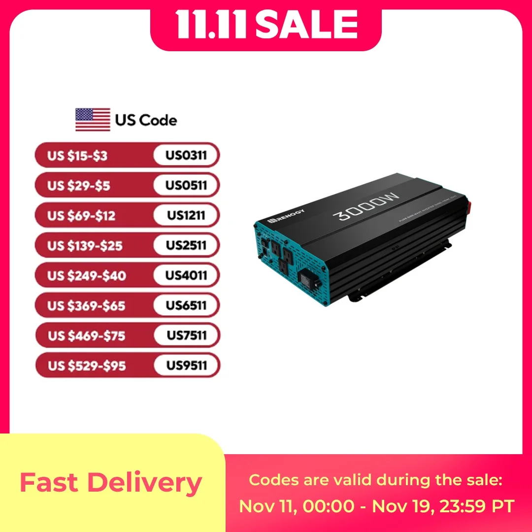 

Преобразователь немодулированного синусоидального сигнала Renogy 3000 Вт от 12 В постоянного тока до 120 В переменного тока для дома, домов на колесах, грузовиков, автономный инвертор солнечной энергии со встроенным