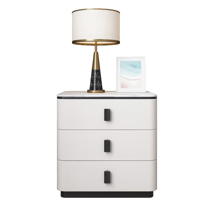 

Modern simple light luxury rock slab surface free installation bedside table three bucket cabinet bedroom bedside table Nordic