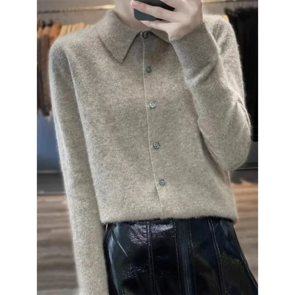 Spring Type Cashmere Sweater Women Cardigan Shirt Collar Exquisite Polo Collar Long sleeve Sweater Fleece Base Knit