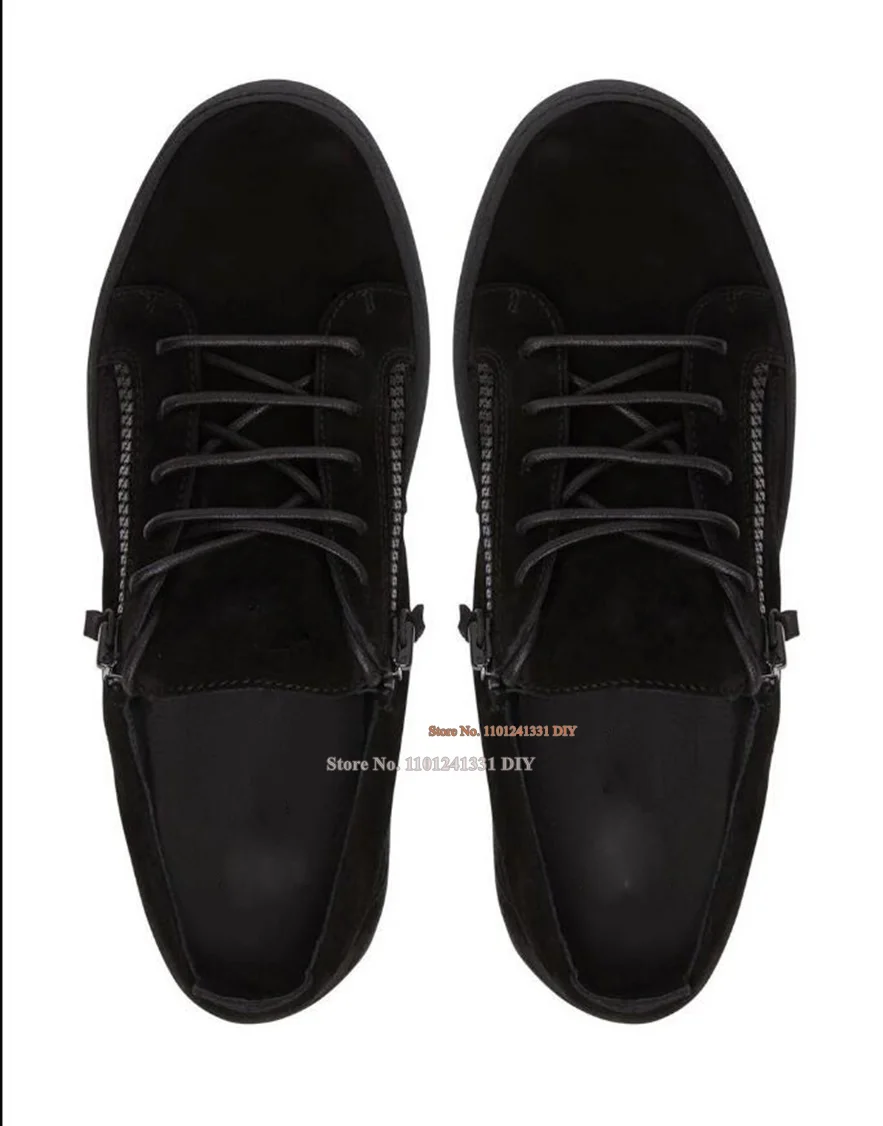 Low Cut Black Suede Leather Sneakers Front Zipper Lace Up Board Shoes Men Daily Casual Shoes Zapatillas Hombre Chaussure