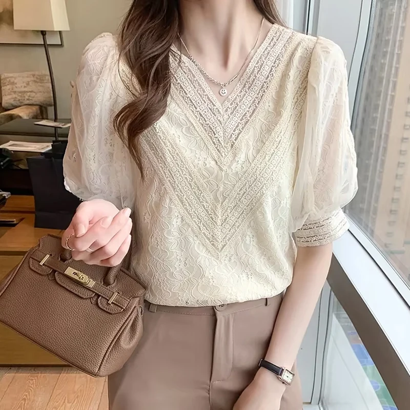 

Блузка женская, летняя, с коротким рукавом, v-образным вырезом, кружевная блузка, рубашка, женские топы, Blusas Mujer De Moda 2025, блузки, рубашки, женская одежда E686